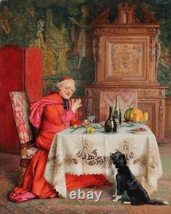 Paul SCHAAN (1857-1924). Cardinal tasting meal, Champagne. Religious. Dog