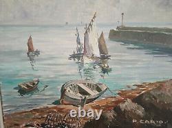 Pierre Cario oil on canvas 46/38 cm boats in the port wooden frame