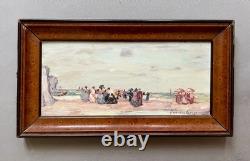 Pierre DAVAIN-LESAGE, lively beach scene, antique signed painting, oil on panel