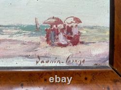 Pierre DAVAIN-LESAGE, lively beach scene, antique signed painting, oil on panel