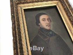 Portrait Bust Dhomme Oil Painting On Wood Wooden Frame Golden Century XIX Éme