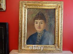 Portrait Lady In Blue, Oil On Wood 57 X 67 CM Framed