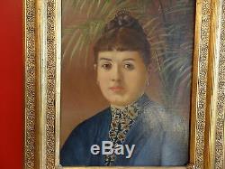 Portrait Lady In Blue, Oil On Wood 57 X 67 CM Framed