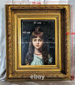 Portrait Of A Little Girl In Coral Necklace Oil On Wood Beautiful Golden Frame