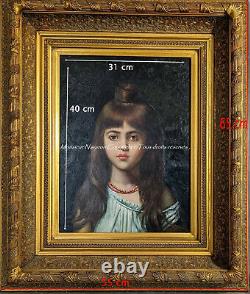 Portrait Of A Little Girl In Coral Necklace Oil On Wood Beautiful Golden Frame