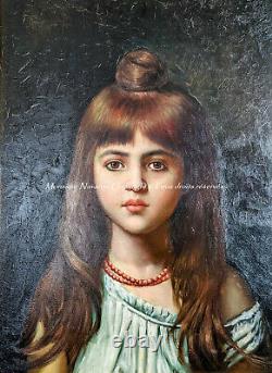 Portrait Of A Little Girl In Coral Necklace Oil On Wood Beautiful Golden Frame