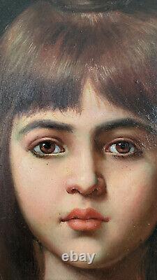 Portrait Of A Little Girl In Coral Necklace Oil On Wood Beautiful Golden Frame