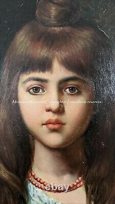 Portrait Of A Little Girl In Coral Necklace Oil On Wood Beautiful Golden Frame