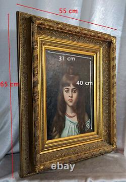 Portrait Of A Little Girl In Coral Necklace Oil On Wood Beautiful Golden Frame