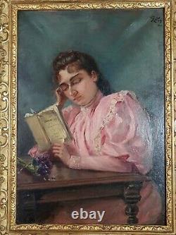 Portrait Of Young Woman Reading Lamartine Signed, Dated 1894, 28x22 CM Sb