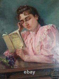 Portrait Of Young Woman Reading Lamartine Signed, Dated 1894, 28x22 CM Sb