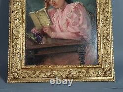 Portrait Of Young Woman Reading Lamartine Signed, Dated 1894, 28x22 CM Sb