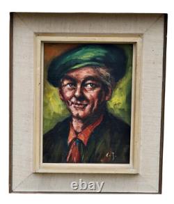 Portrait of a Man with a Green Hat, Original Signed Oil Painting on Wood