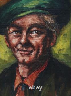 Portrait of a Man with a Green Hat, Original Signed Oil Painting on Wood