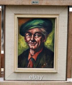 Portrait of a Man with a Green Hat, Original Signed Oil Painting on Wood