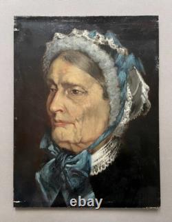 Portrait of a Woman with a Blue Ribbon, oil on panel, antique painting, artwork
