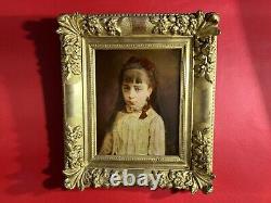 Portrait of a little girl signed and dated 1884, very beautiful gilded wooden frame