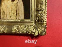 Portrait of a little girl signed and dated 1884, very beautiful gilded wooden frame