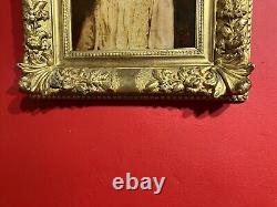 Portrait of a little girl signed and dated 1884, very beautiful gilded wooden frame