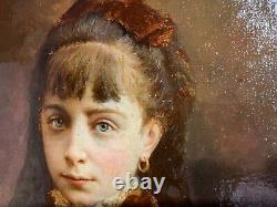 Portrait of a little girl signed and dated 1884, very beautiful gilded wooden frame