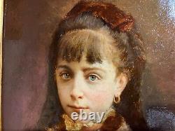 Portrait of a little girl signed and dated 1884, very beautiful gilded wooden frame
