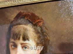 Portrait of a little girl signed and dated 1884, very beautiful gilded wooden frame