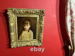 Portrait of a little girl signed and dated 1884, very beautiful gilded wooden frame