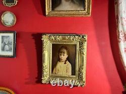 Portrait of a little girl signed and dated 1884, very beautiful gilded wooden frame
