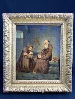 RELIGIOUS CANVAS PAINTING from the 17th Century Beautiful Gilded Wooden Frame from the 17th Century MONKS