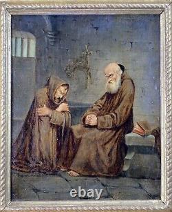 RELIGIOUS CANVAS PAINTING from the 17th Century Beautiful Gilded Wooden Frame from the 17th Century MONKS