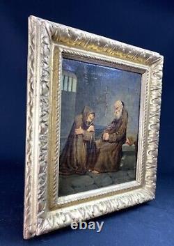 RELIGIOUS CANVAS PAINTING from the 17th Century Beautiful Gilded Wooden Frame from the 17th Century MONKS