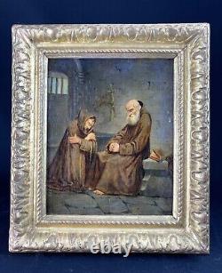 RELIGIOUS CANVAS PAINTING from the 17th Century Beautiful Gilded Wooden Frame from the 17th Century MONKS