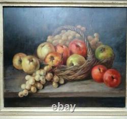 Raisins And Pommes In A Basket Oil Signed Gauthier Circa 1950 Frame Wood