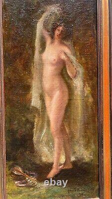 Rare 19th Century oil on canvas Curious nymph in the woods nude painting signed