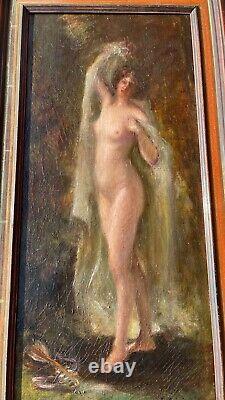 Rare 19th Century oil on canvas Curious nymph in the woods nude painting signed