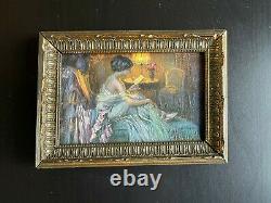 Rare Miniature Painting Signed Delphin Enjolras Interior Scene Young Woman