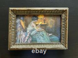 Rare Miniature Painting Signed Delphin Enjolras Interior Scene Young Woman