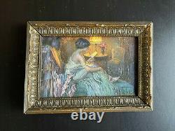 Rare Miniature Painting Signed Delphin Enjolras Interior Scene Young Woman