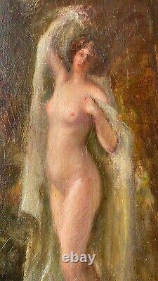 Rare Oil On Canvas Xixth Nymph Curiosa In The Woods Nude Painting Signed