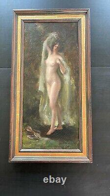 Rare Oil On Canvas Xixth Nymph Curiosa In The Woods Nude Painting Signed