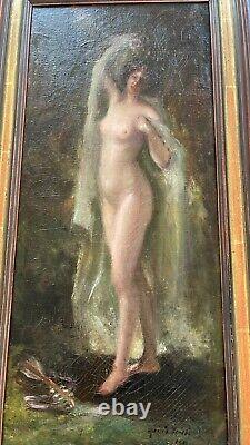 Rare Oil On Canvas Xixth Nymph Curiosa In The Woods Nude Painting Signed