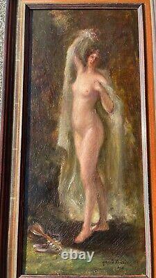 Rare Oil On Canvas Xixth Nymph Curiosa In The Woods Nude Painting Signed