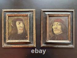 Rare Paintings Pair Of Grotesque Portraits Germany 19th Oil On Panel