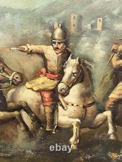 Rare Square Oil Painting on Antique Battle Canvas Wooden Frame 87 x 67