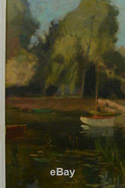 Raymond Tellier Beautiful Table Edge Of Animated River Boat Landscape Douai Rare