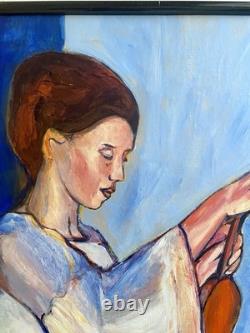 Reyol Woman Violinist 1979 oil on wood signed certificate 63x48cm