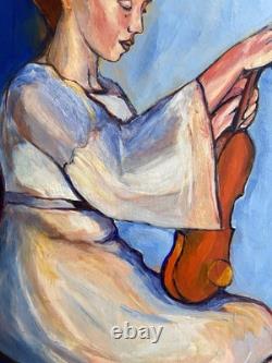 Reyol Woman Violinist 1979 oil on wood signed certificate 63x48cm