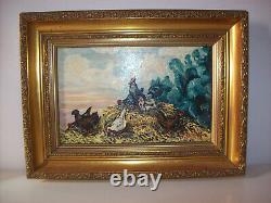 Rooster and Hen Theme Painting - Oil on Wood Signed Y. PRUD'HOMME