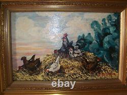 Rooster and Hen Theme Painting - Oil on Wood Signed Y. PRUD'HOMME