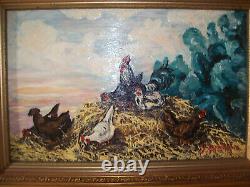 Rooster and Hen Theme Painting - Oil on Wood Signed Y. PRUD'HOMME